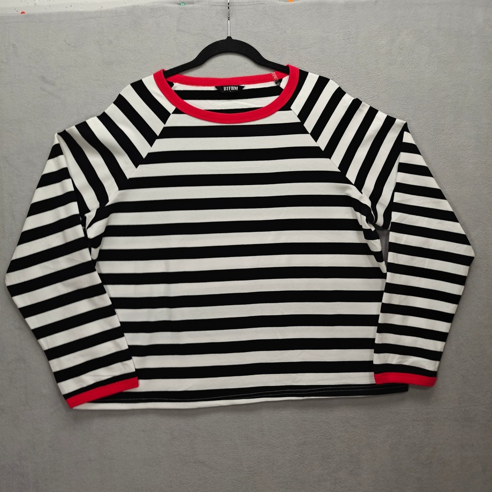 Black White Striped Raglan Top Womens L Red Trim Mime French Girl Minimalist